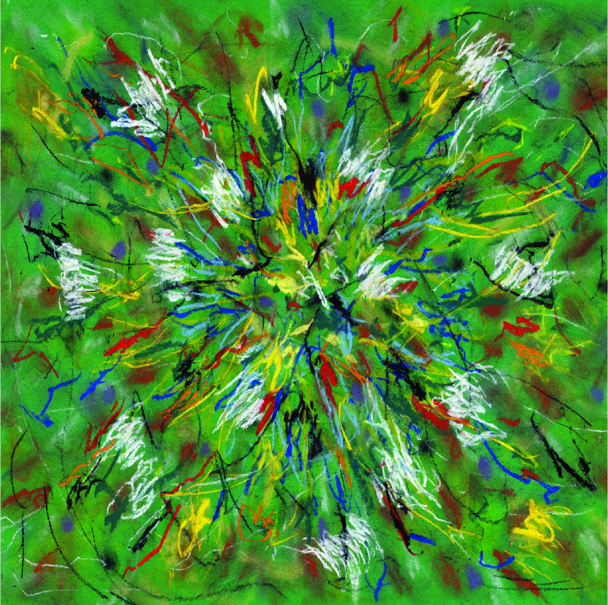 Companion pastel painting on green: a burst of white, red, yellow, and blue strokes
