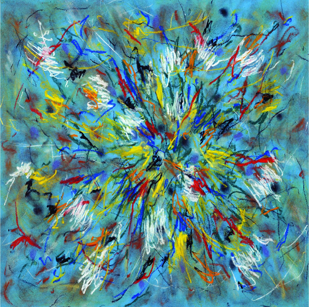 Companion pastel painting on teal: a burst of white, red, yellow, and blue strokes