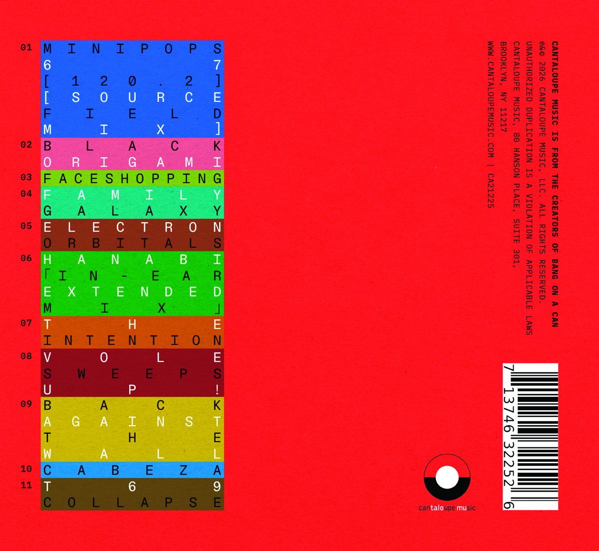 Back cover: eleven tracks stacked as color bands of typewriter letters on red