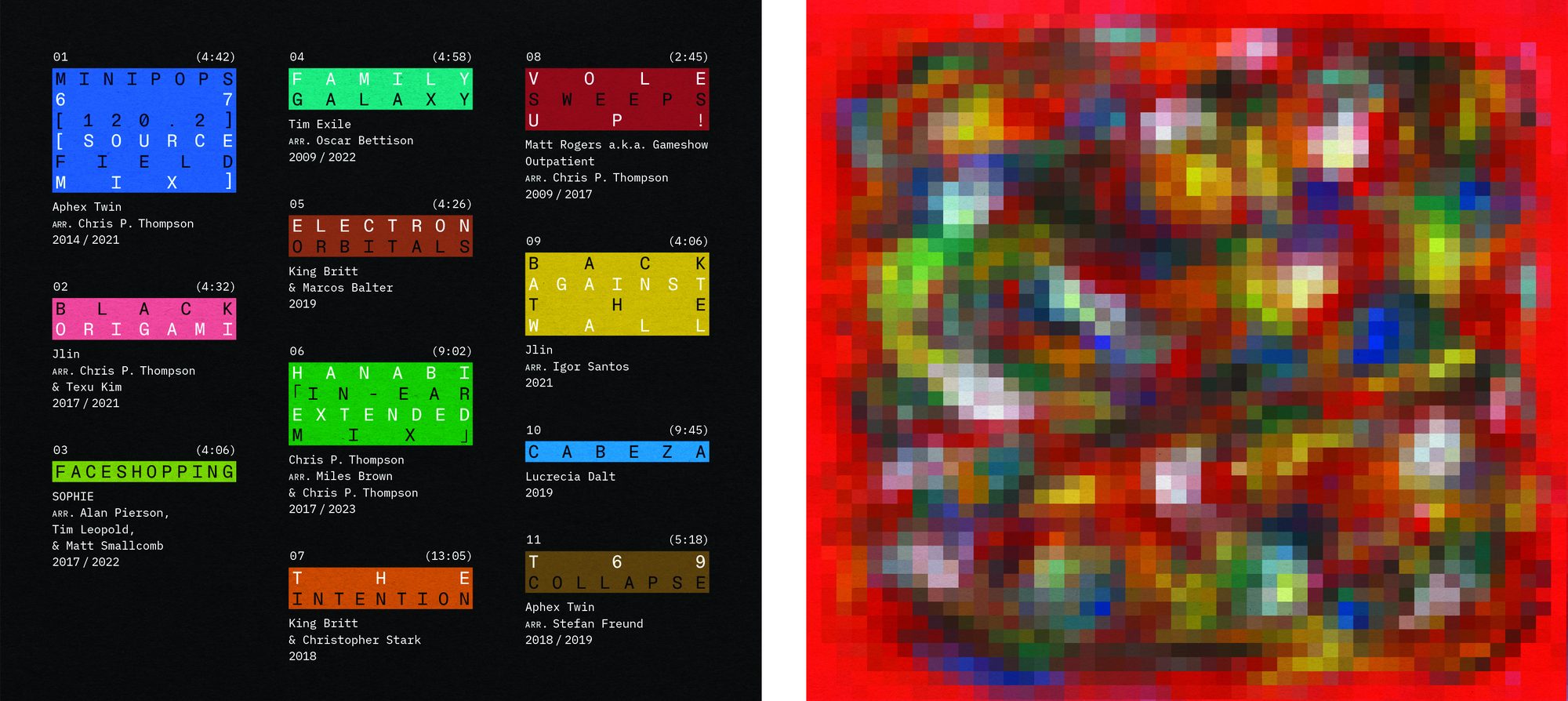 CD wallet interior spread: track credits in color-coded blocks on black, beside a pixelated mosaic of the cover painting