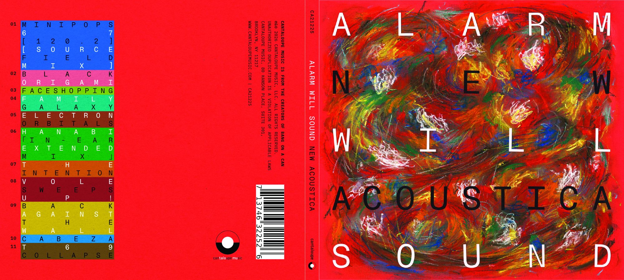 CD wallet exterior spread: the back cover's color-coded tracklist beside the front cover's lettered painting